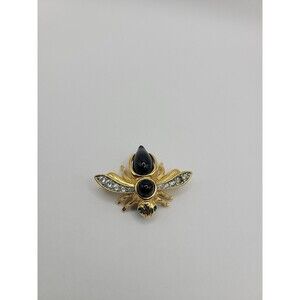 Vintage Joan Rivers Fold Tone Bee Brooch Black Cabachons Rhinestone Pin Flaw